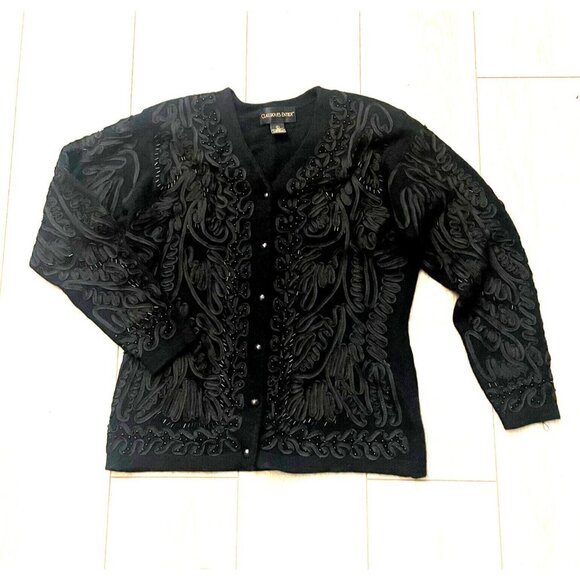 Classiques Entier Button Front Cardigan Sweater Lambwool Embroidered Black Large - Picture 1 of 8